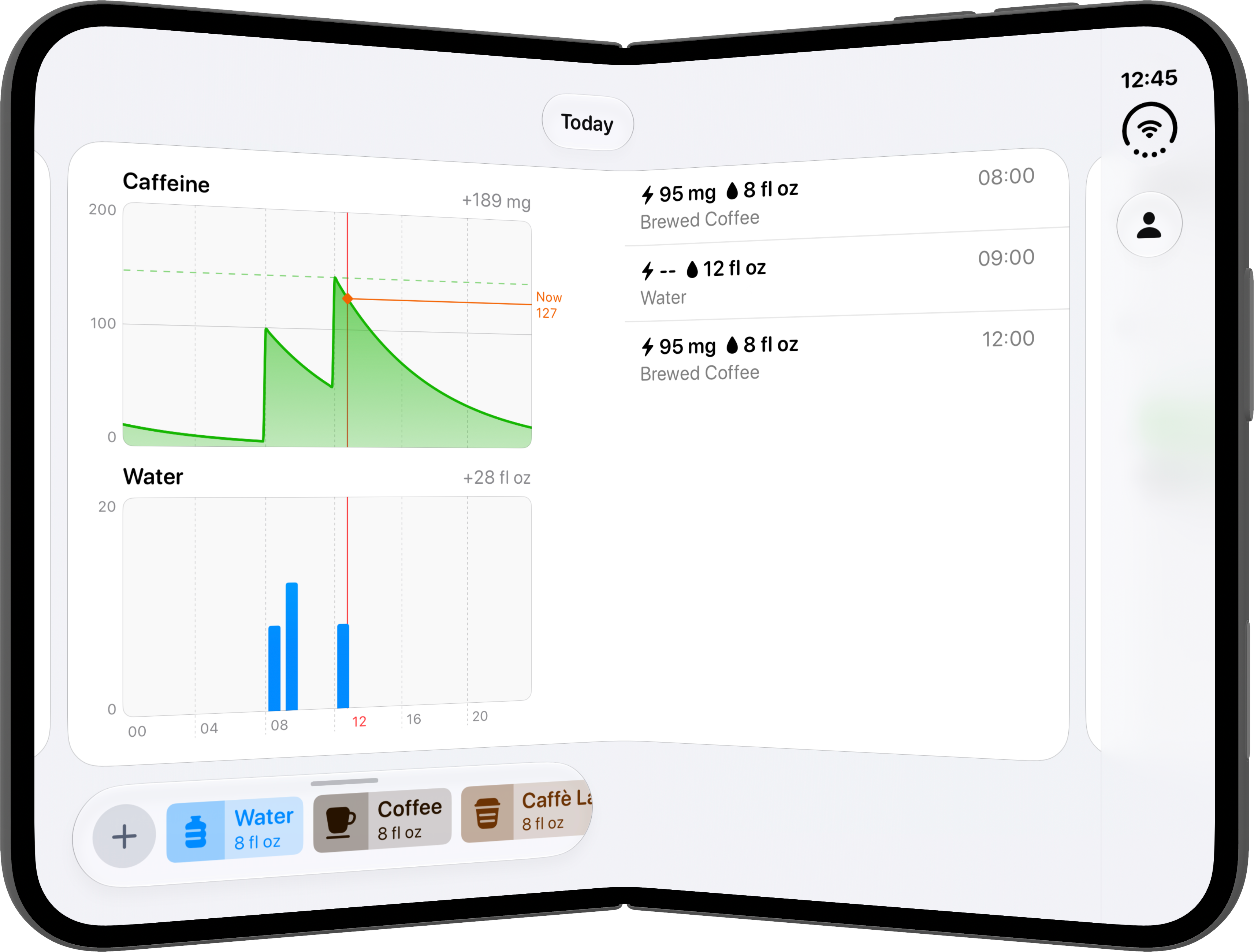 iPhone Duo shown in book pose. Drops is using a landscape layout with charts on the left side of the fold and samples on the right.