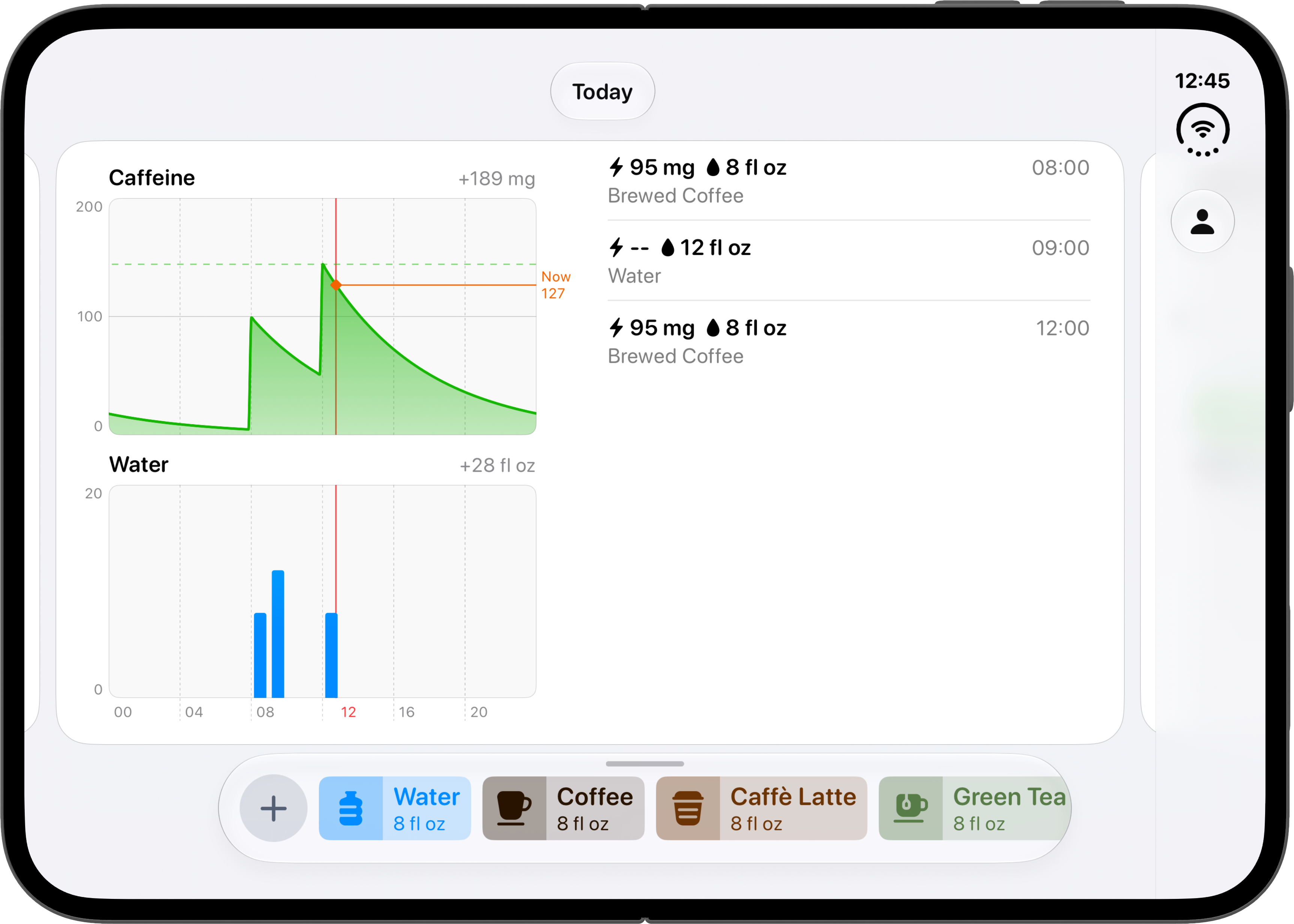 iPhone Duo shown open, with Drops using a landscape layout. Charts are shown side-by-side with a list of samples.