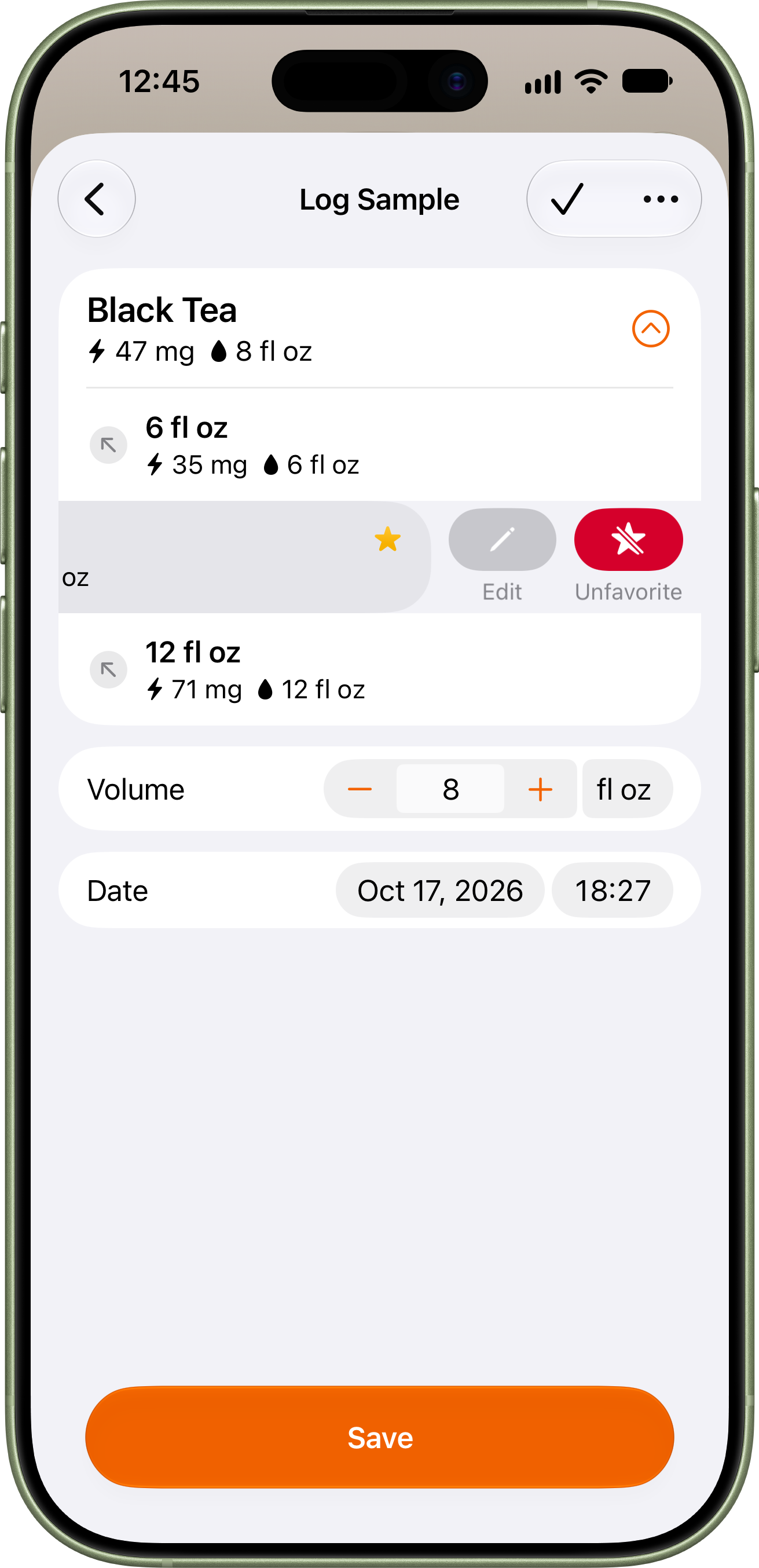 Sample editor for Black Tea, shown with a preset swiped aside to reveal edit and unfavorite actions. The preset shows a yellow star on its right edge.
